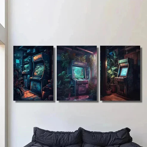 3pcs Retro Arcade Nostalgic Gaming Scenery Wall Art Canvas Unframed - High Quality Print 100% Australian Made Wall Canvas