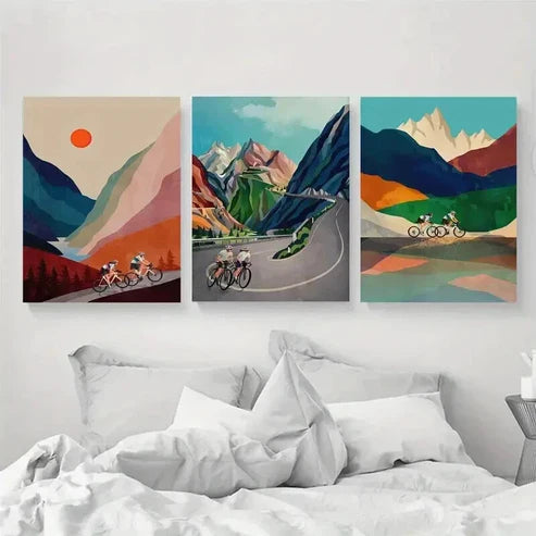 3pcs Vibrant Cycling Couple Scenic Landscape  Wall Art Set Canvas Unframed - High Quality Print 100% Australian Made Wall Canvas