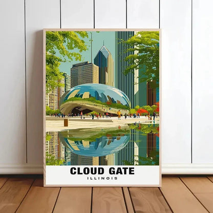 Cloud Gate Illinois Chicago Skyline Lurie Garden Travel Poster Print Wall Art