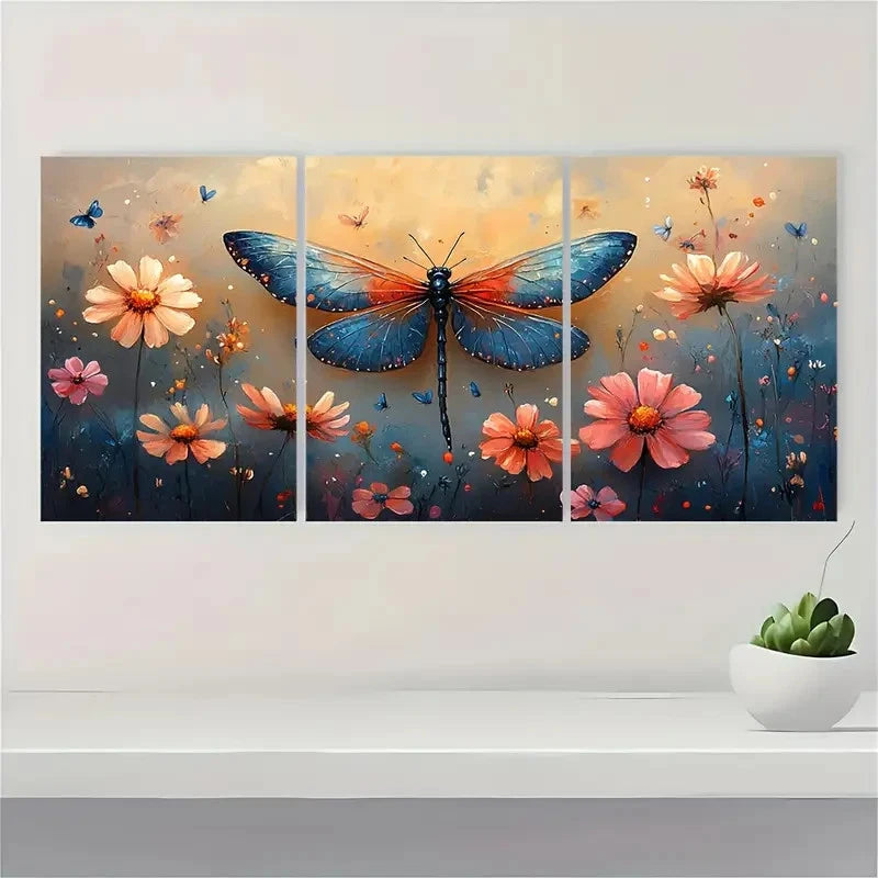 3pcs Dragonfly Painting Wildflowers TY    Wall Art Set Canvas Framed 50x70cm - High Quality Print 100% Australian Made Wall Canvas Ready to Hang - Bella Home Decor