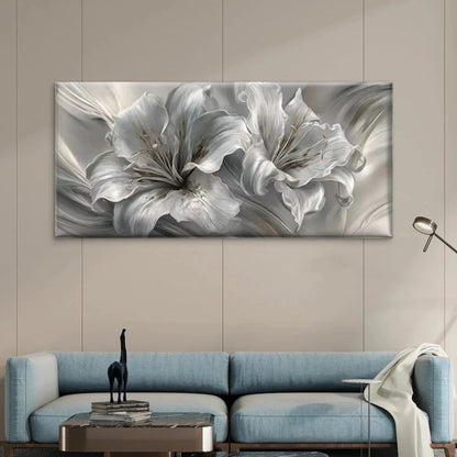 Abstract Silvery White Lily Wall Art Canvas Office Home Room Framed 120x60cm