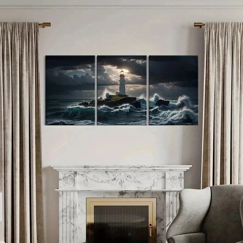 3pcs Sea Lighthouse Wave Island Vintage Wall Art Set Canvas Framed 40x60cm - High Quality Print 100% Australian Made Wall Canvas Ready to Hang