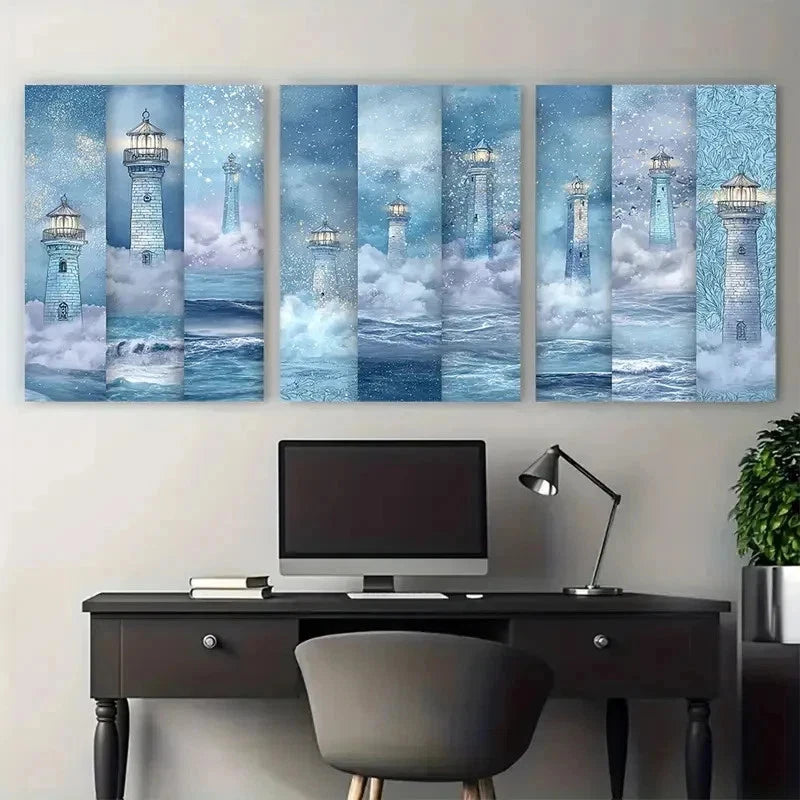 3pcs Enchanted Blue Lighthouses Clipart Perfect Wall Art Set Canvas Framed 40x60cm - High Quality Print 100% Australian Made Wall Canvas Ready to Hang