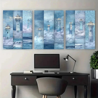 3pcs Enchanted Blue Lighthouses Clipart Perfect Wall Art Set Canvas Framed 40x60cm - High Quality Print 100% Australian Made Wall Canvas Ready to Hang