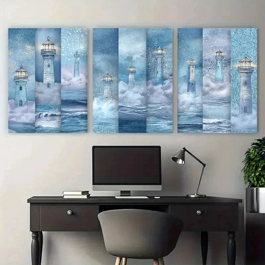 3pcs Enchanted Blue Lighthouses Clipart Perfect Wall Art Set Canvas Framed 40x60cm - High Quality Print 100% Australian Made Wall Canvas Ready to Hang