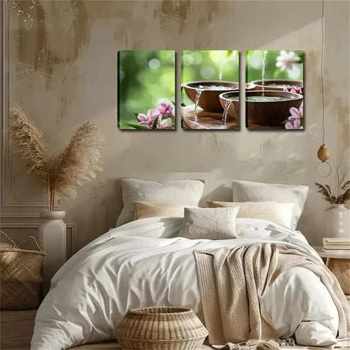 3pcs Serene Water Flow Landscape with Floral Wall Art Set Canvas Unframed - High Quality Print 100% Australian Made Wall Canvas