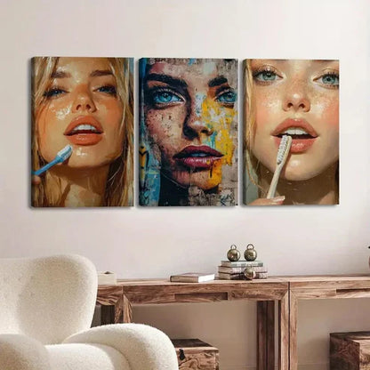 3pcs Abstract Face Makeup Vibrant Blue & Golden Wall Art Set Canvas Unframed - High Quality Print 100% Australian Made Wall Canvas - Bella Home Decor