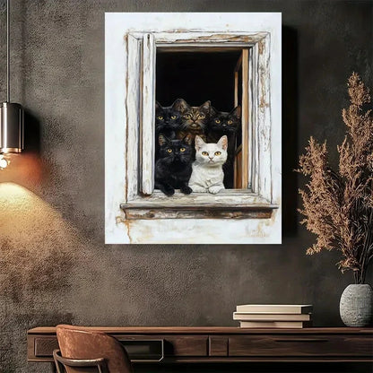 Beautiful Whimsical Cat Window Scene Painting 40x60cm Metal Print Ready to Hang - Bella Home Decor