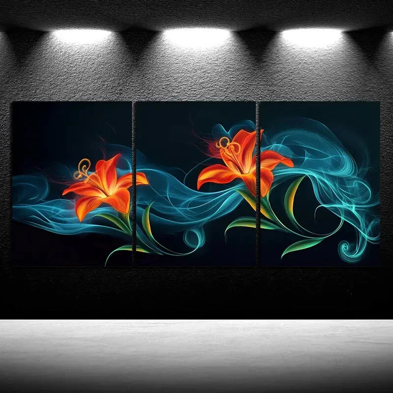 3pcs Beautiful Flowers Orange Blue Metal Print Ready to Hang Art - Bella Home Decor
