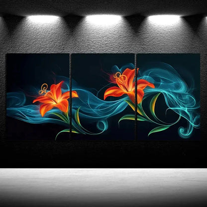 3pcs Beautiful Flowers Orange Blue Metal Print Ready to Hang Art - Bella Home Decor