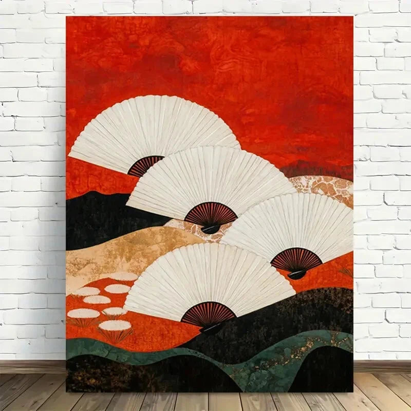 Beautiful Japanese Fans Abstract Landscape Painting 40x60cm Metal Print Ready to Hang - Bella Home Decor