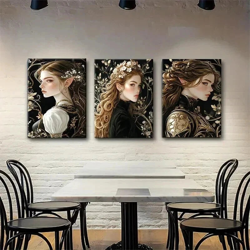 3pcs Enchanted Elven Golden Floral Women Perfect Wall Art Set Canvas Framed 60x90cm - High Quality Print 100% Australian Made Wall Canvas Ready to Hang - Bella Home Decor