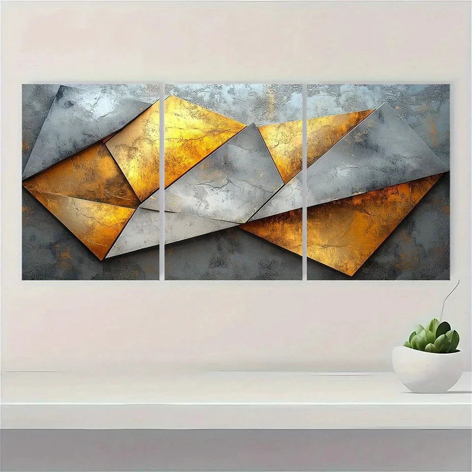 3pcs Elegant Abstract Geometric White Golden Metal Print Ready to Hang Art