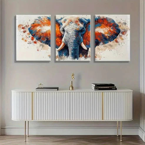 3pcs Vibrant Orange & Blue Elephant Wall Art Set Canvas Unframed - High Quality Print 100% Australian Made Wall Canvas