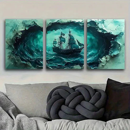 3pcs Ancient Ship at Sea Storm Art Wall Art Set Canvas Unframed - High Quality Print 100% Australian Made Wall Canvas - Bella Home Decor