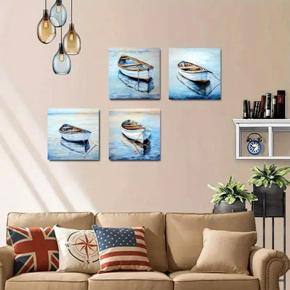 4pcs  Coastal Light Blue Sailboat Wall Art Canvas Framed