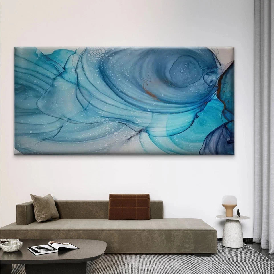 Blue Swirling Ocean Waves Wall Art Canvas Office Home Room Framed 120x60cm