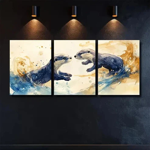 3pcs Summer Otters Playing in Indigo & Amber Wall Art Canvas Unframed - High Quality Print 100% Australian Made Wall Canvas