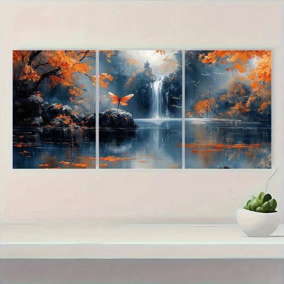 3pcs Autumn Forest Waterfall Scene Dragonfly Wall Art Set Canvas Framed 50x70cm - High Quality Print 100% Australian Made Wall Canvas Ready to Hang