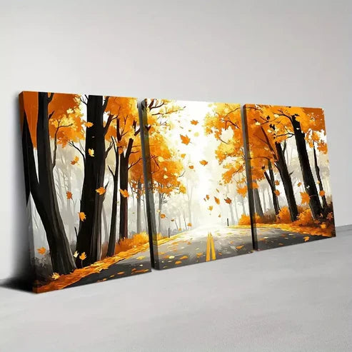 3pcs Autumn Forest Mountain Road Wall Art Set Canvas Unframed - High Quality Print 100% Australian Made Wall Canvas - Bella Home Decor