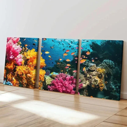 3pcs Vibrant Coral Colorful Fish Underwater Life Wall Art Set Canvas Framed 40x60cm - High Quality Print 100% Australian Made Wall Canvas Ready to Hang