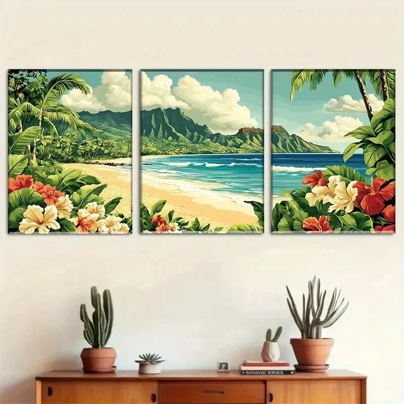 3pcs Hibiscus Flowers & Ocean View Perfect Wall Art Set Canvas Framed 50x70cm - High Quality Print 100% Australian Made Wall Canvas Ready to Hang - Bella Home Decor