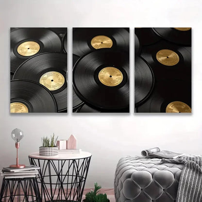 3pcs Golden & Black Vinyl Record Stacked Design  Wall Art Set Canvas Framed 60x90cm - High Quality Print 100% Australian Made Wall Canvas Ready to Hang - Bella Home Decor
