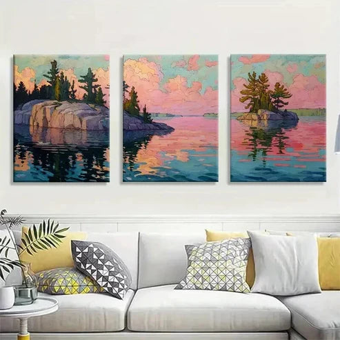 3pcs Serene Lakeside Rocks and Trees Wall Art Canvas Unframed - High Quality Print 100% Australian Made Wall Canvas