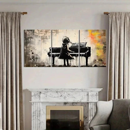 3pcs Vintage Little Girl Playing Piano Wall Art Set Canvas Framed 60x90cm - High Quality Print 100% Australian Made Wall Canvas Ready to Hang