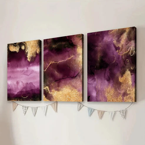 3pcs Golden Abstract Purple Elegant Modern Wall Art Set Canvas Unframed - High Quality Print 100% Australian Made Wall Canvas