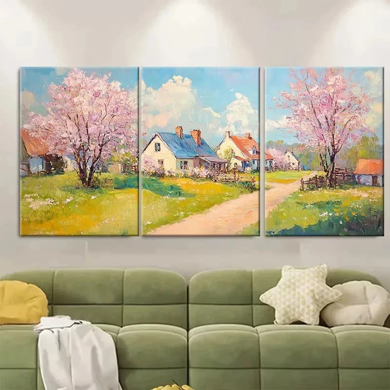 3pcs Country Cottage Spring Blooming Landscape Wall Art Set Canvas Framed 60x90cm - High Quality Print 100% Australian Made Wall Canvas Ready to Hang - Bella Home Decor