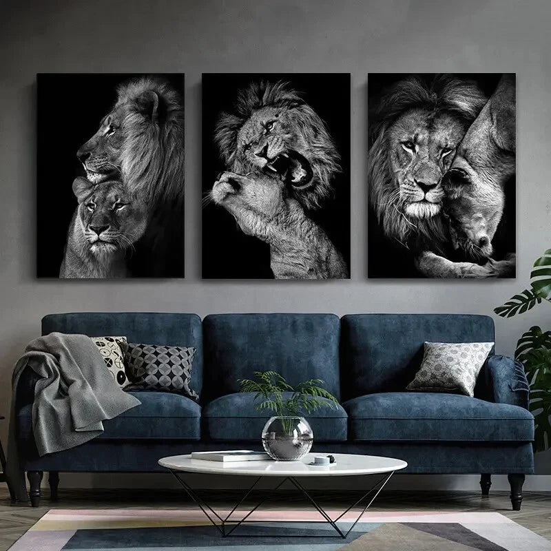 3pcs Black and White Lion African Animal Metal Print Ready to Hang Art