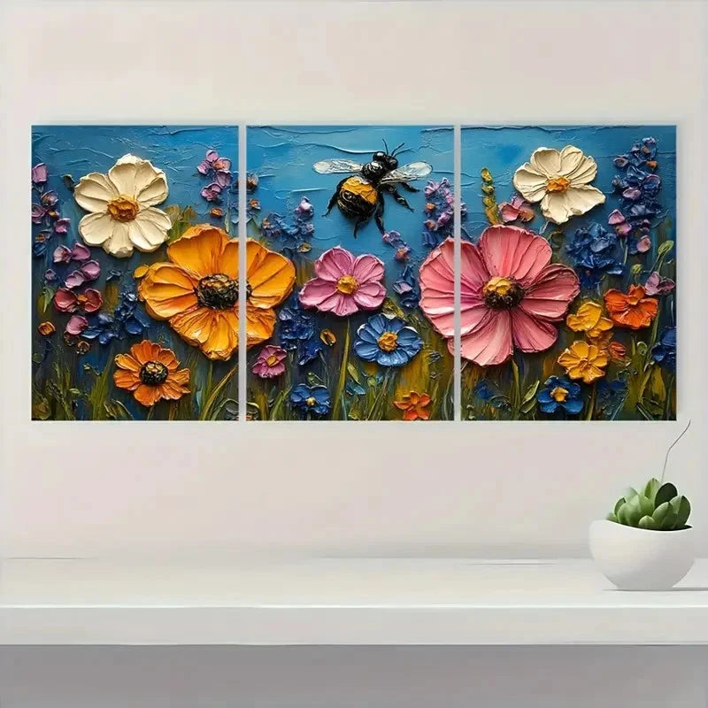 3pcs  Bee Original Art Flower BO  Wall Art Set Canvas Framed 50x70cm - High Quality Print 100% Australian Made Wall Canvas Ready to Hang - Bella Home Decor