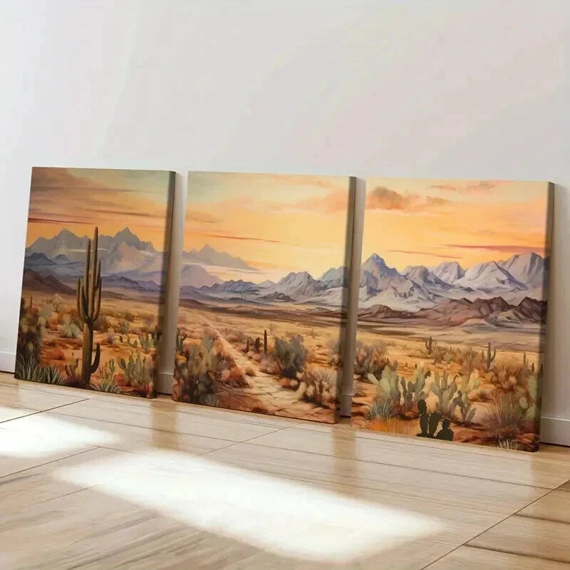 3pcs Cactus Mountains Sunset Orange Sky Wall Art Set Canvas Framed 40x60cm - High Quality Print 100% Australian Made Wall Canvas Ready to Hang - Bella Home Decor