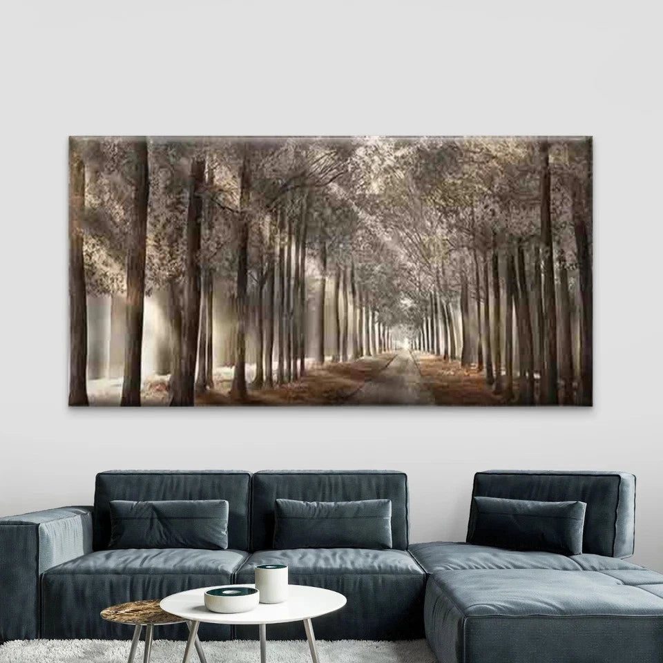 Misty Trees and Sunlit Pathway Wall Art Canvas Office Home Room Framed 120x60cm