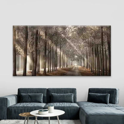 Misty Trees and Sunlit Pathway Wall Art Canvas Office Home Room Framed 120x60cm