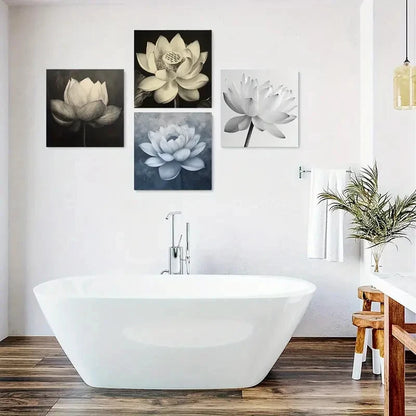4pcs Lotus Flower Black And White Sketch Wall Art Canvas Framed