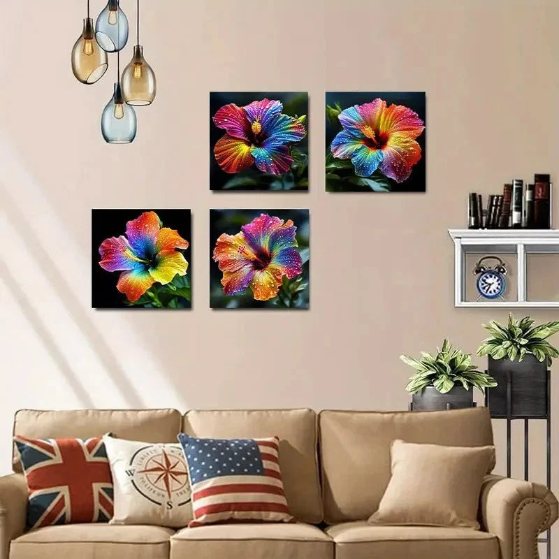 4pcs Colorful Hibiscus Flower Wall Art Canvas Framed