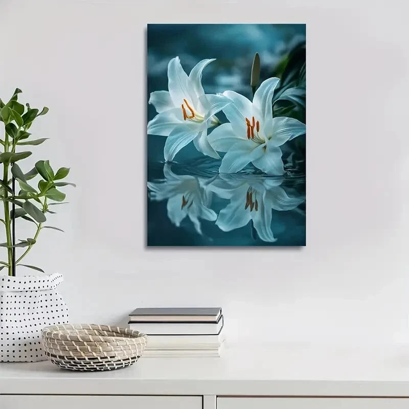 Serene White Lilies in Blue Water Painting 40x60cm Metal Print Ready to Hang