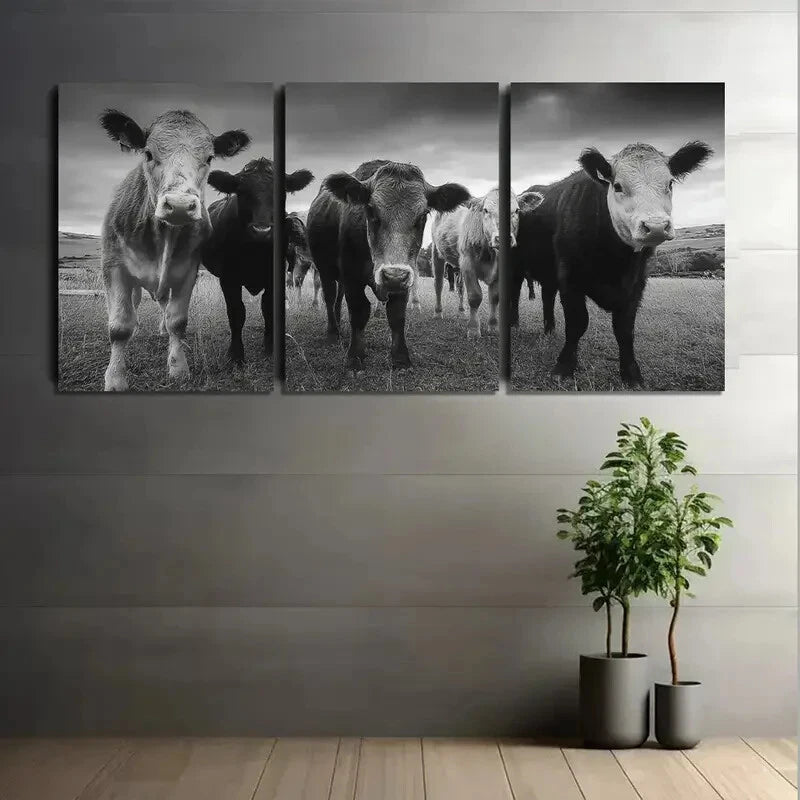 3pcs Black and White Cow Farmhouse Metal Print Ready to Hang Art - Bella Home Decor