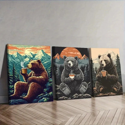 3pcs A Grizzly Bear Sipping Coffee Wall Art Set Canvas Framed 60x90cm - High Quality Print 100% Australian Made Wall Canvas Ready to Hang - Bella Home Decor