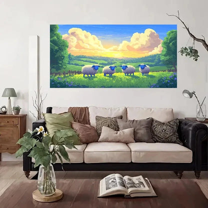Pastoral Sheep Sunset Scene Wall Art Canvas Office Home Room Framed 120x60cm