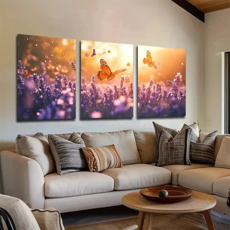 3pcs Lavender with Flying Butterflies Perfect Wall Art Set Canvas Framed 60x90cm - High Quality Print 100% Australian Made Wall Canvas Ready to Hang - Bella Home Decor