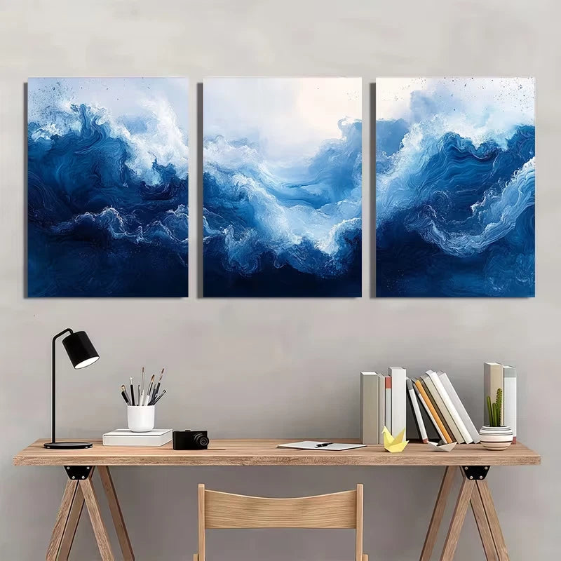3pcs Cobalt Blue Modern Ocean Decor Painting   Wall Art Set Canvas Framed 40x60cm - High Quality Print 100% Australian Made Wall Canvas Ready to Hang - Bella Home Decor