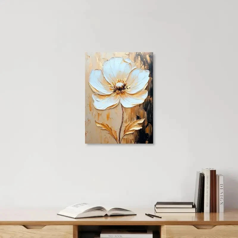 Beautiful Golden & White Floral Abstract  Painting 40x60cm Metal Print Ready to Hang