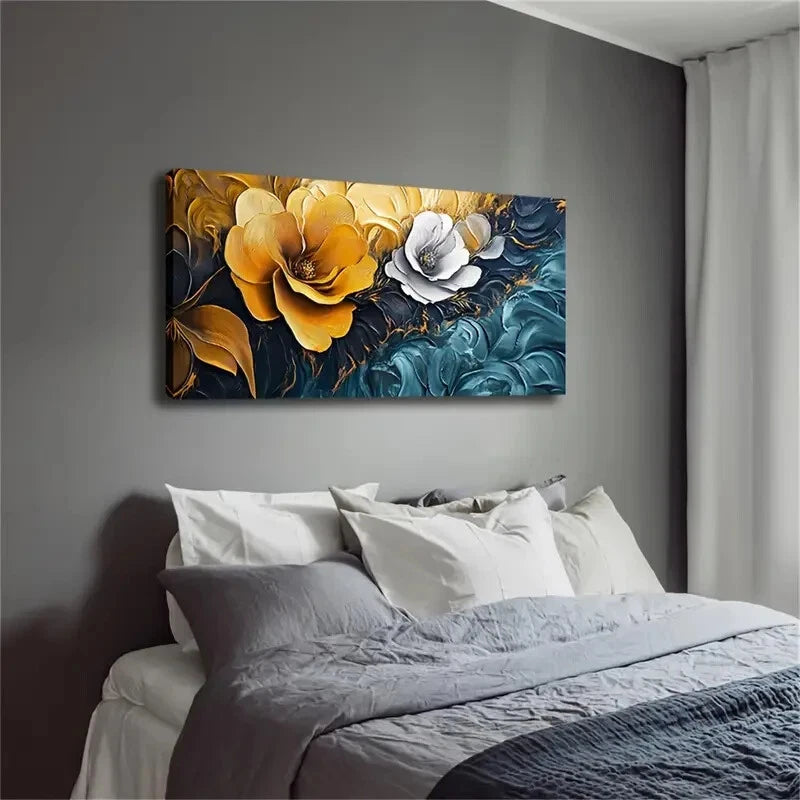 Flowers And Deep Blue Interior Wall Art Canvas Office Home Room Framed 120x60cm - Bella Home Decor