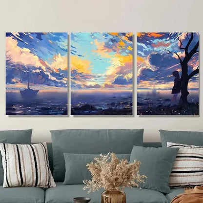 3pcs Beautiful Sunset Seascape Blue Sky & Ocean Wall Art Set Canvas Unframed - High Quality Print 100% Australian Made Wall Canvas