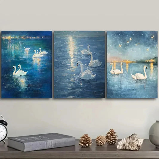 3pcs A group of swans on the water Wall Art Set Canvas Framed 60x90cm - High Quality Print 100% Australian Made Wall Canvas Ready to Hang