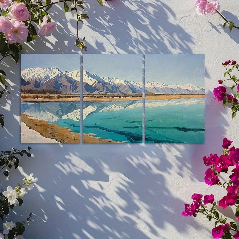 3pcs Tranquil Taldzor Lake & Snowy Mountains Metal Print Ready to Hang Art