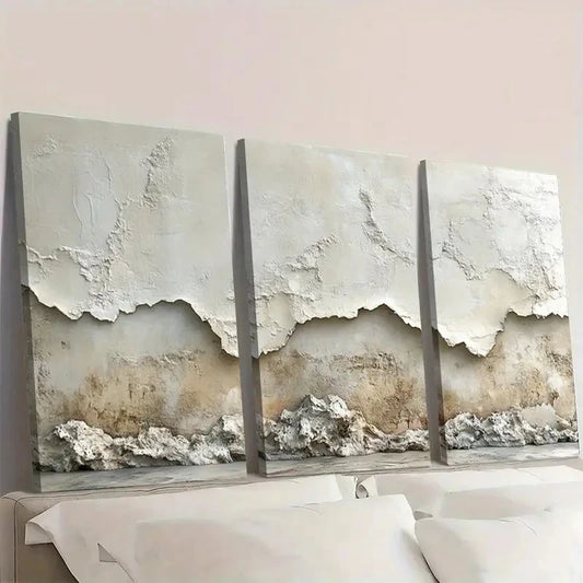3pcs Minimalist Beige Textured gj Wall Art Set Canvas Framed 50x70cm - High Quality Print 100% Australian Made Wall Canvas Ready to Hang